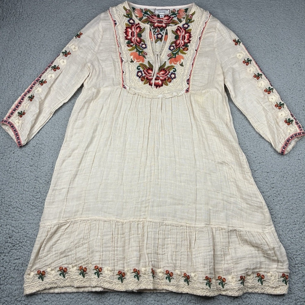 Johnny Was Workshop Embroidered Floral Cotton Dress Women's Small Boho Ivory